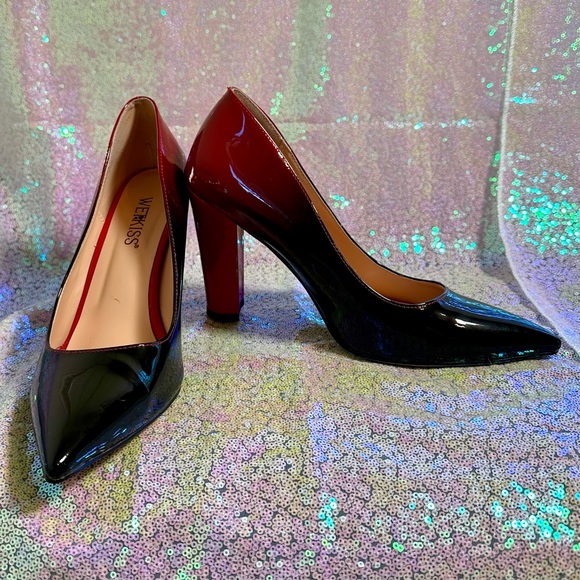 Wet❤️Kiss Ombré Block Heel Patent Leather Pointed Top Black to Red Pumps - Picture 5 of 12